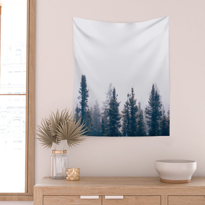 Minimalist Landscape Photo Pine Tree Silhouette Misty Forest Wall Tapestry Gallery Image 2