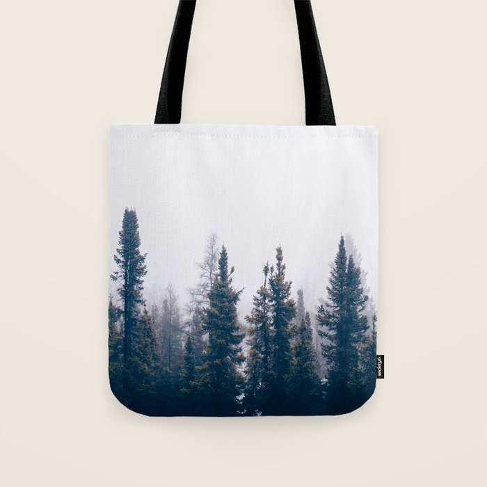 Minimalist Landscape Photo Pine Tree Silhouette Misty Forest Tote Bag Gallery Image 1