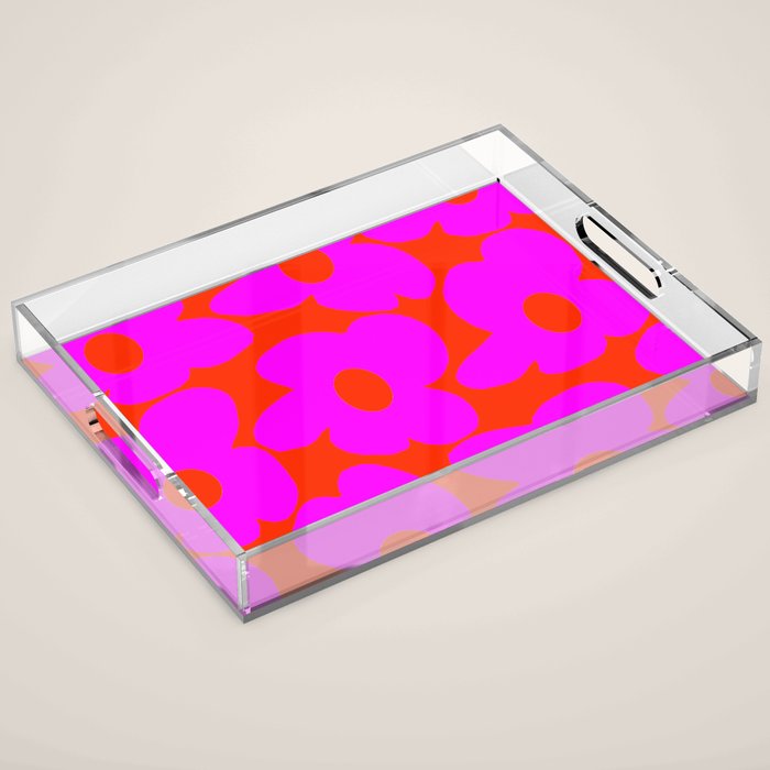 Pink Retro Flowers Orange Red Background #decor #society6 #buyart Acrylic Tray Gallery Image 1