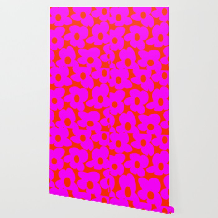 Pink Retro Flowers Orange Red Background #decor #society6 #buyart Wallpaper Gallery Image 2
