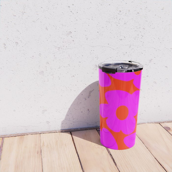 Pink Retro Flowers Orange Red Background #decor #society6 #buyart Travel Mug Gallery Image 4