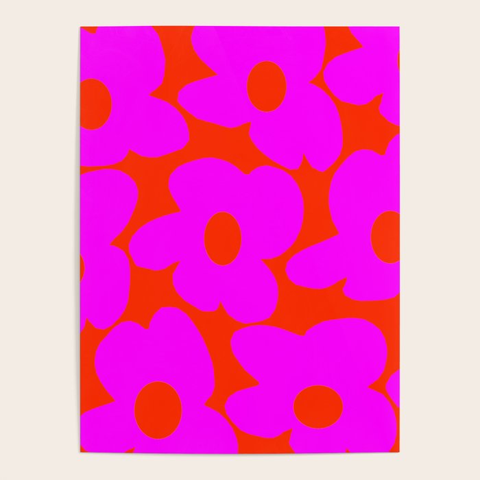 Pink Retro Flowers Orange Red Background #decor #society6 #buyart Poster Gallery Image 4