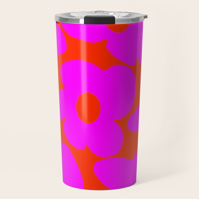 Pink Retro Flowers Orange Red Background #decor #society6 #buyart Travel Mug Gallery Image 1