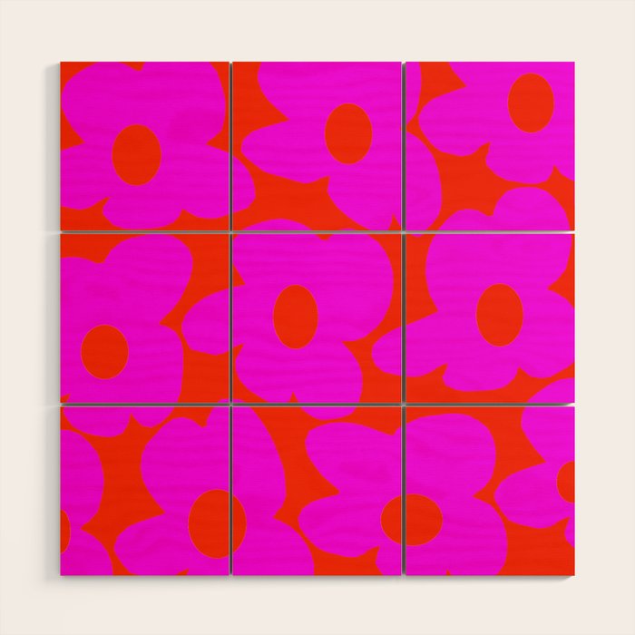 Pink Retro Flowers Orange Red Background #decor #society6 #buyart Wood Wall Art Gallery Image 1