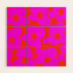 Pink Retro Flowers Orange Red Background #decor #society6 #buyart Wood Wall Art Gallery Image 1