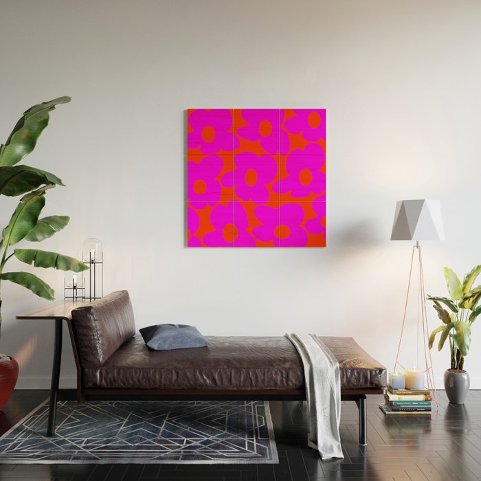 Pink Retro Flowers Orange Red Background #decor #society6 #buyart Wood Wall Art Gallery Image 2