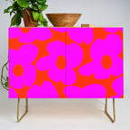 Pink Retro Flowers Orange Red Background #decor #society6 #buyart Credenza Gallery Image 1