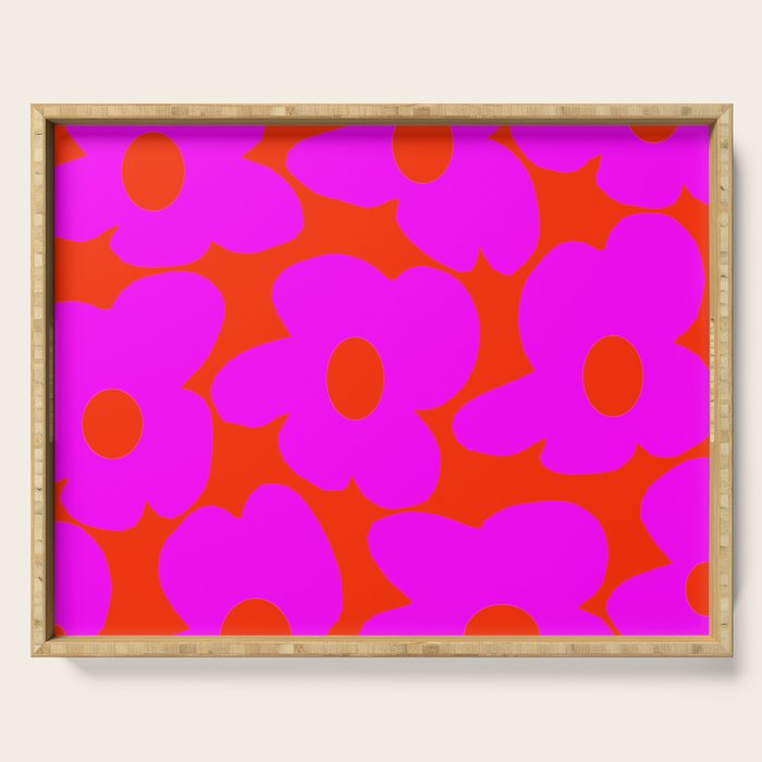 Pink Retro Flowers Orange Red Background #decor #society6 #buyart Serving Tray Gallery Image 1