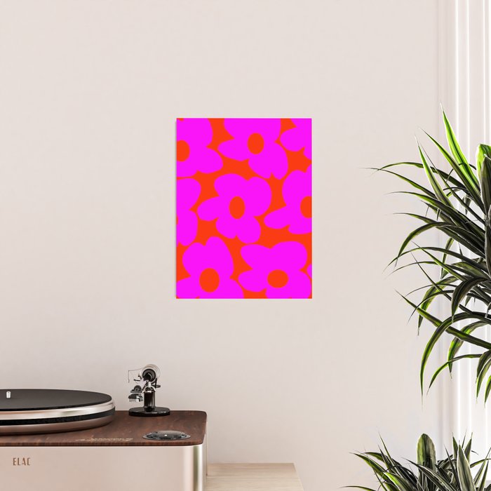 Pink Retro Flowers Orange Red Background #decor #society6 #buyart Poster Gallery Image 2