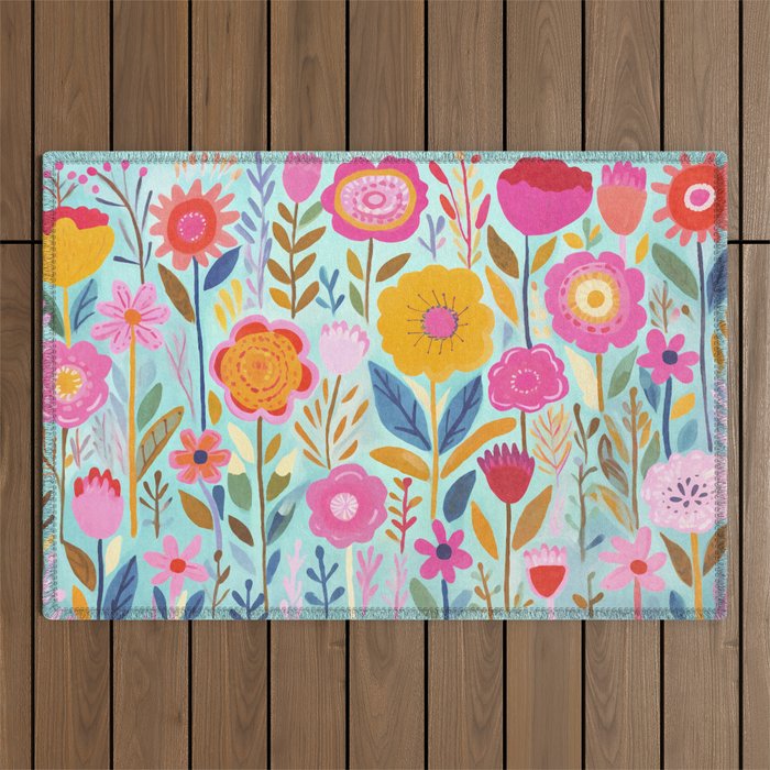 Happy Summer Groovy Flower Meadow Outdoor Rug Gallery Image 1