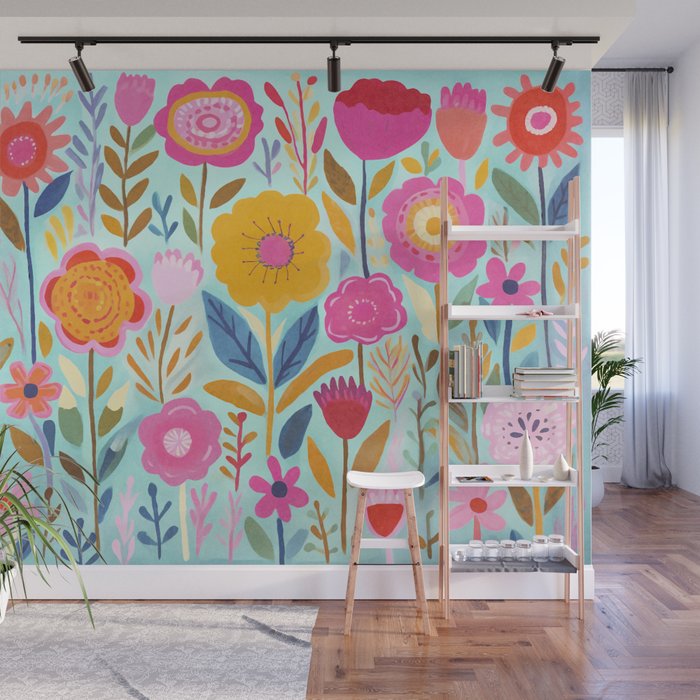 Happy Summer Groovy Flower Meadow Wall Mural Gallery Image 1