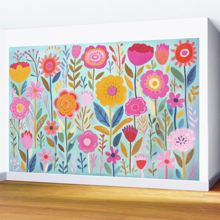 Happy Summer Groovy Flower Meadow Wall Mural Gallery Image 2