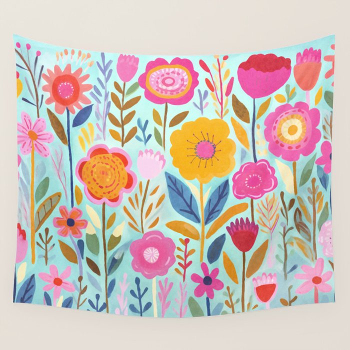 Happy Summer Groovy Flower Meadow Wall Tapestry Gallery Image 1