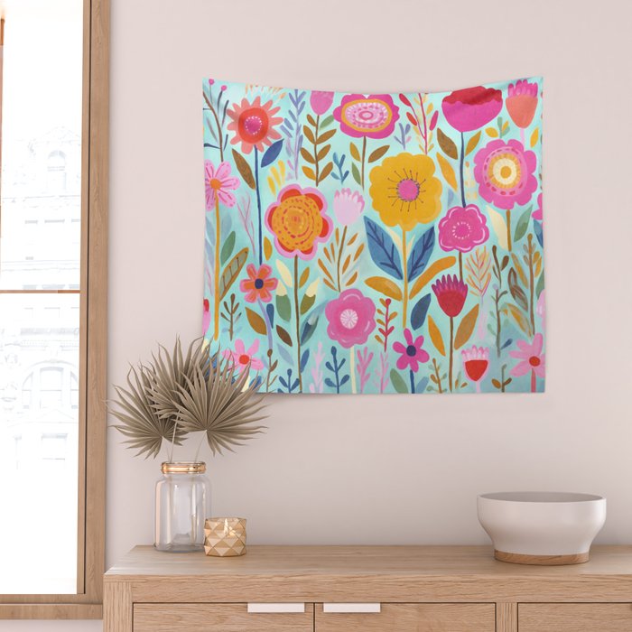 Happy Summer Groovy Flower Meadow Wall Tapestry Gallery Image 2
