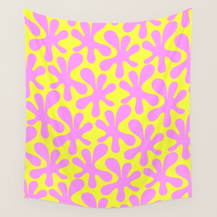 Neon Yellow and Pink Amoeba Dance Vivid Retro Modern Pattern Wall Tapestry Gallery Image 1