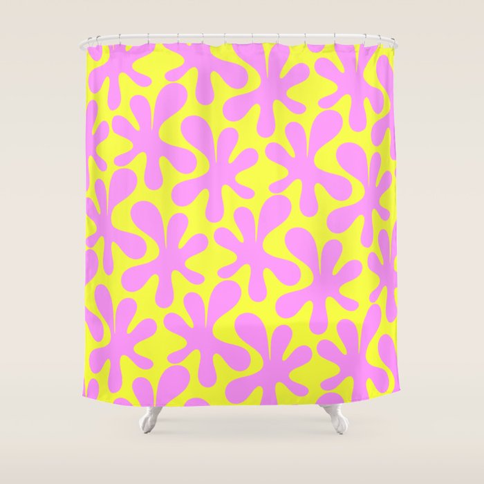 Neon Yellow and Pink Amoeba Dance Vivid Retro Modern Pattern Shower Curtain Gallery Image 1