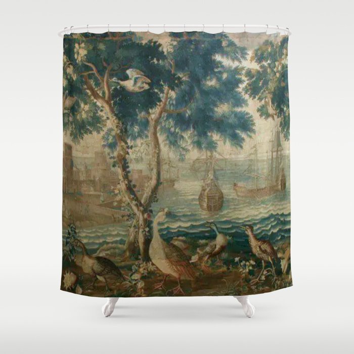 Antique French Louis XIV Beauvais Landscape Tapestry Shower Curtain Gallery Image 1