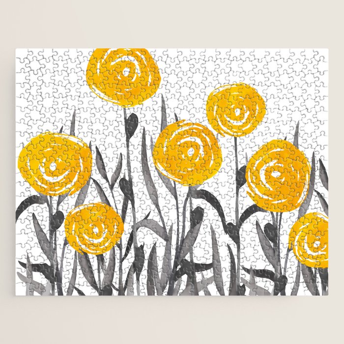 Fall Sunshine, Floral Watercolor Print, Yellow and Gray Jigsaw Puzzle Gallery Image 1