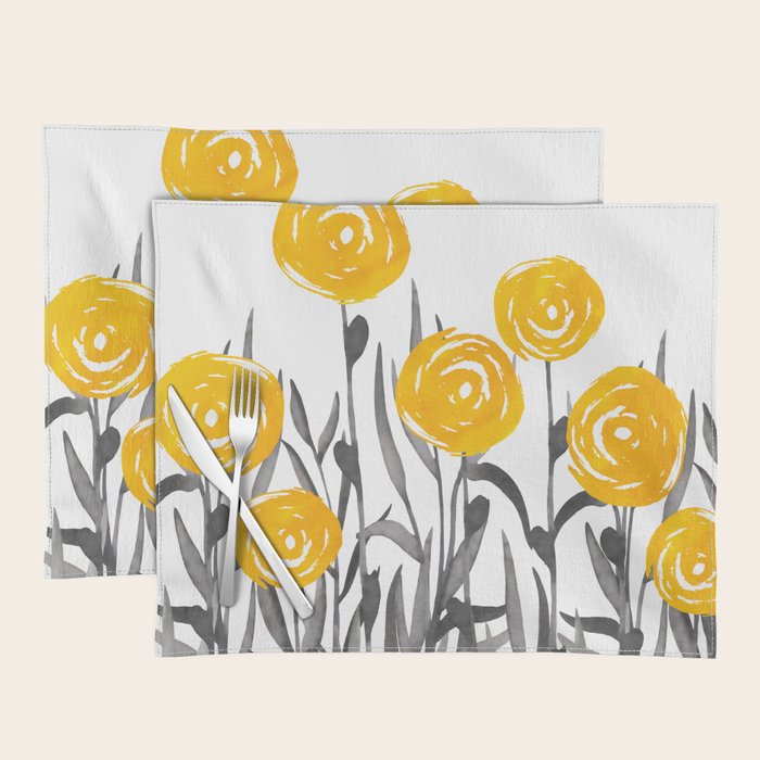 Fall Sunshine, Floral Watercolor Print, Yellow and Gray Placemat Gallery Image 1