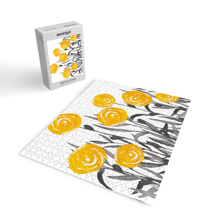 Fall Sunshine, Floral Watercolor Print, Yellow and Gray Jigsaw Puzzle Gallery Image 2