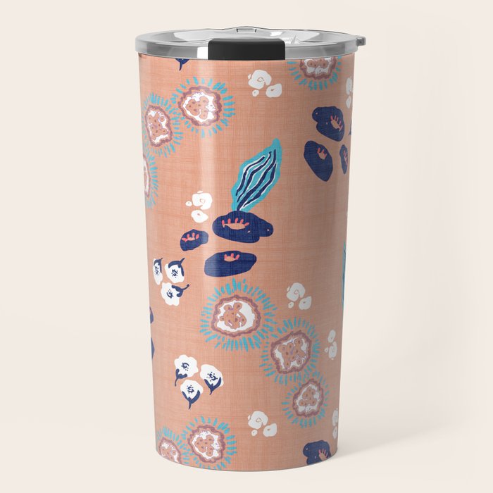Romantic Abstract Flowers Blue and Muted Pink Travel Mug Gallery Image 1
