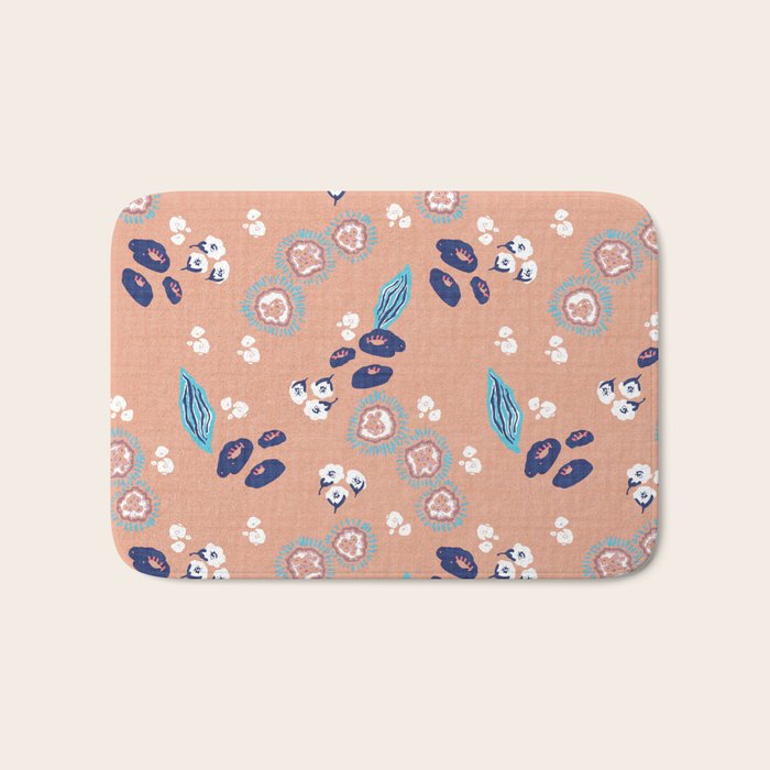 Romantic Abstract Flowers Blue and Muted Pink Bath Mat Gallery Image 1