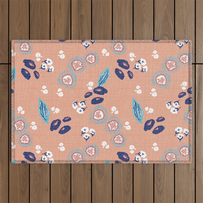 Romantic Abstract Flowers Blue and Muted Pink Outdoor Rug Gallery Image 1
