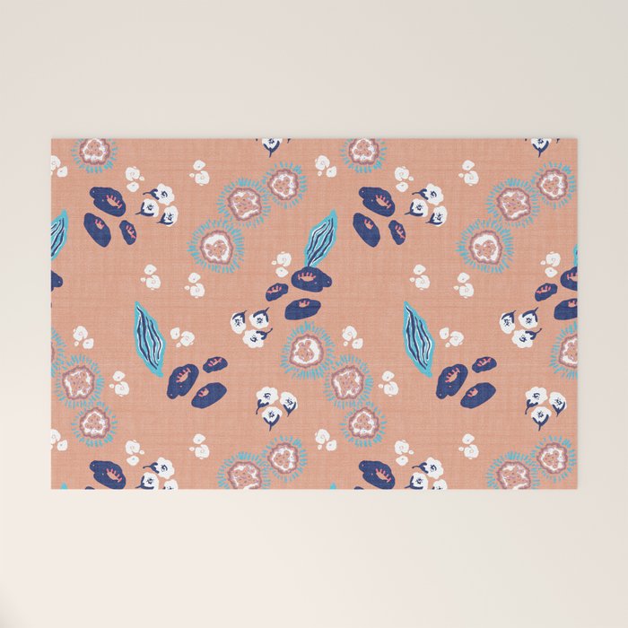 Romantic Abstract Flowers Blue and Muted Pink Welcome Mat Gallery Image 1