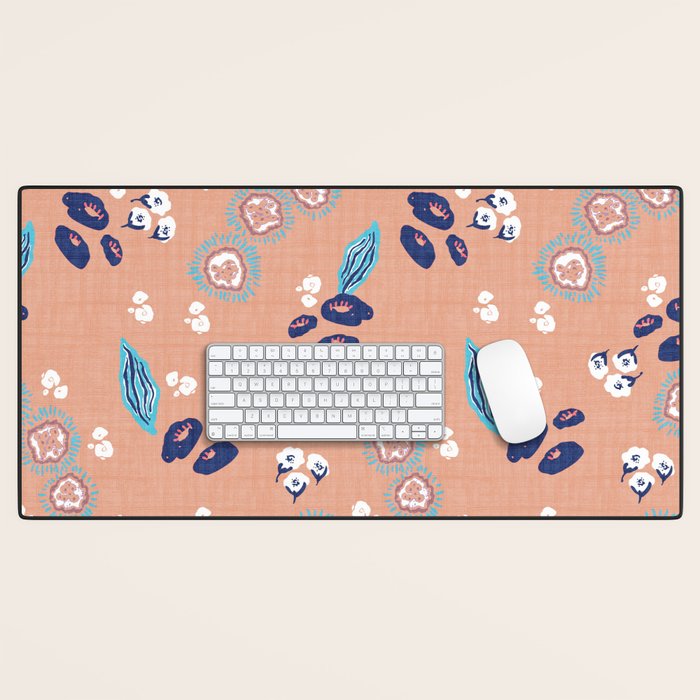 Romantic Abstract Flowers Blue and Muted Pink Desk Mat Gallery Image 1