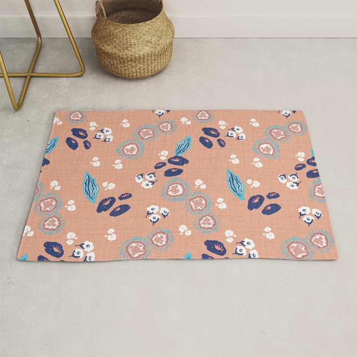 Romantic Abstract Flowers Blue and Muted Pink Rug Gallery Image 1