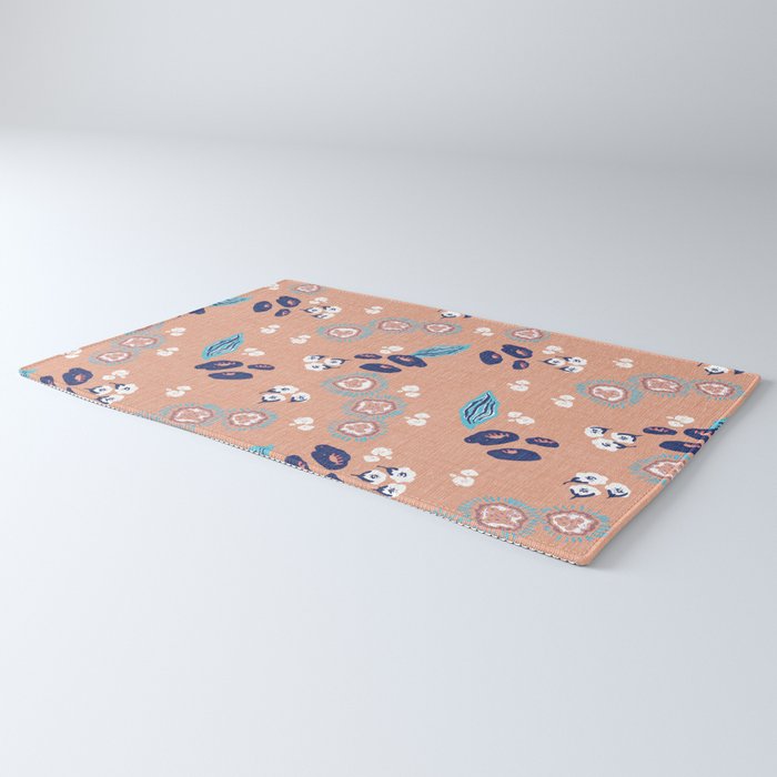 Romantic Abstract Flowers Blue and Muted Pink Rug Gallery Image 3