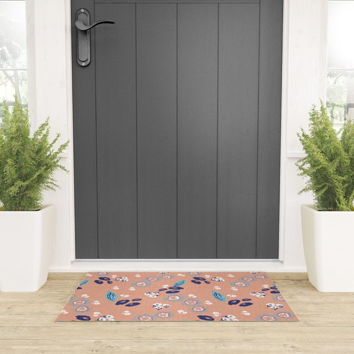 Romantic Abstract Flowers Blue and Muted Pink Welcome Mat Gallery Image 3