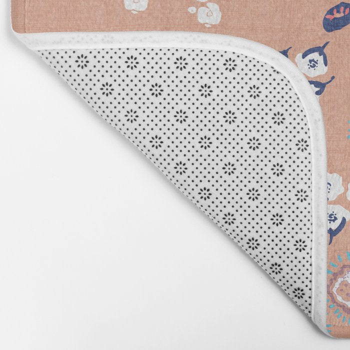 Romantic Abstract Flowers Blue and Muted Pink Bath Mat Gallery Image 2