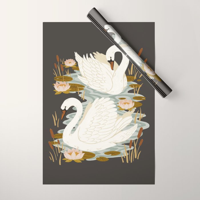 Swan Dance - Charcoal Black Background Wrapping Paper