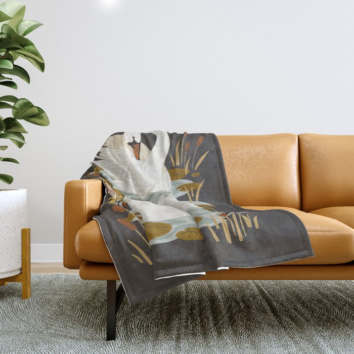 Swan Dance - Charcoal Black Background Throw Blanket Gallery Image 1