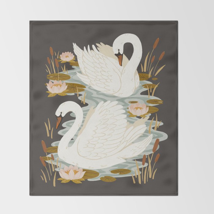 Swan Dance - Charcoal Black Background Throw Blanket Gallery Image 2