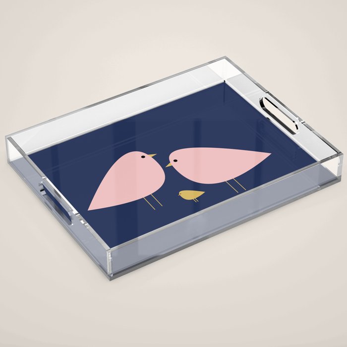 Bird Family in Pink, Navy Blue, and Mustard -  Minimalist Scandinavian Mid-Century Modern Design Acrylic Tray Gallery Image 1