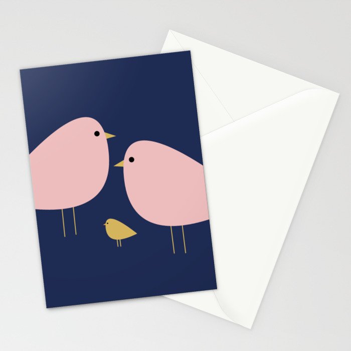 Bird Family in Pink, Navy Blue, and Mustard -  Minimalist Scandinavian Mid-Century Modern Design Stationery Card Gallery Image 2
