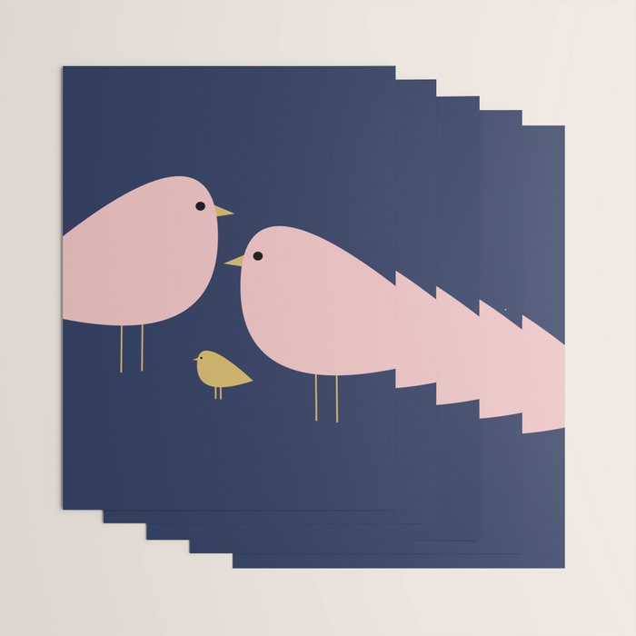 Bird Family in Pink, Navy Blue, and Mustard -  Minimalist Scandinavian Mid-Century Modern Design Wrapping Paper Gallery Image 3