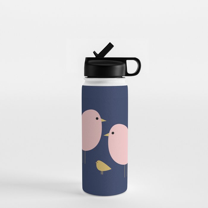 Bird Family in Pink, Navy Blue, and Mustard -  Minimalist Scandinavian Mid-Century Modern Design Water Bottle Gallery Image 1