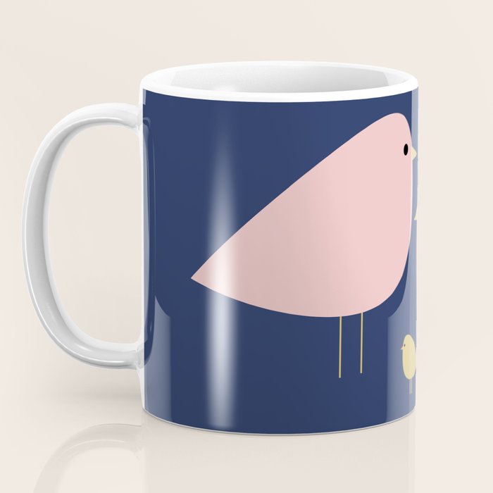 Bird Family in Pink, Navy Blue, and Mustard -  Minimalist Scandinavian Mid-Century Modern Design Coffee Mug Gallery Image 3