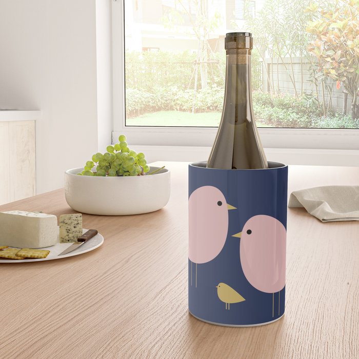 Bird Family in Pink, Navy Blue, and Mustard -  Minimalist Scandinavian Mid-Century Modern Design Wine Chiller Gallery Image 4