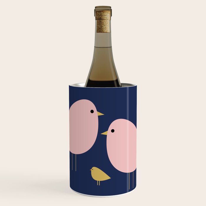 Bird Family in Pink, Navy Blue, and Mustard -  Minimalist Scandinavian Mid-Century Modern Design Wine Chiller Gallery Image 1