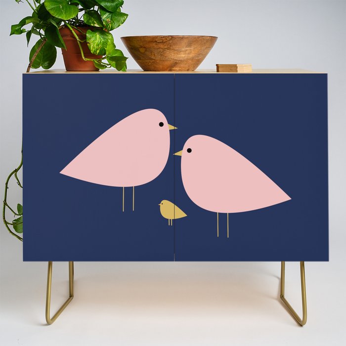 Bird Family in Pink, Navy Blue, and Mustard -  Minimalist Scandinavian Mid-Century Modern Design Credenza Gallery Image 1