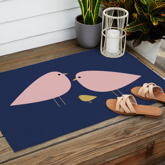 Bird Family in Pink, Navy Blue, and Mustard -  Minimalist Scandinavian Mid-Century Modern Design Outdoor Rug Gallery Image 2
