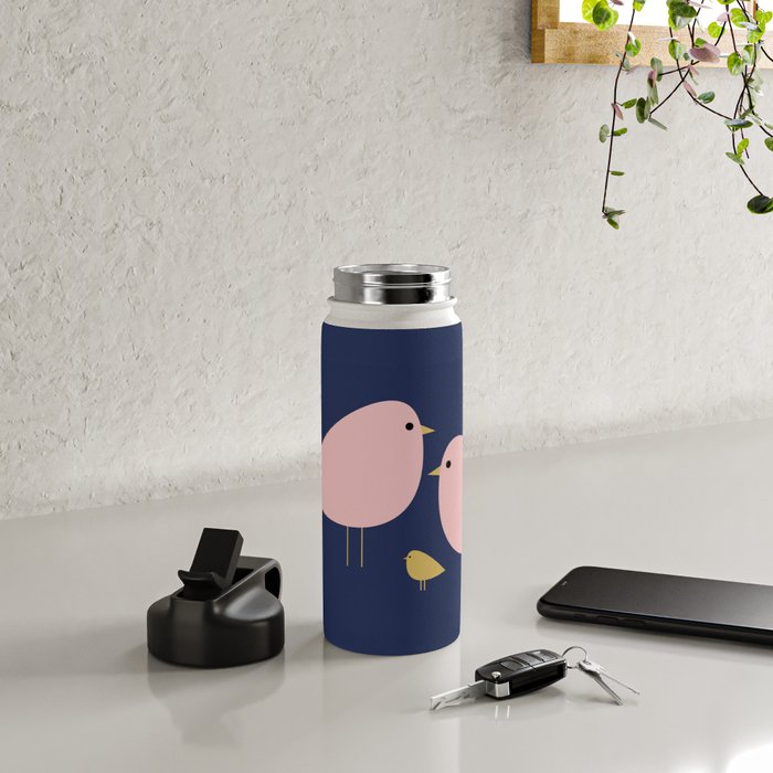 Bird Family in Pink, Navy Blue, and Mustard -  Minimalist Scandinavian Mid-Century Modern Design Water Bottle Gallery Image 4