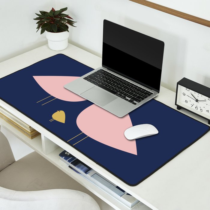 Bird Family in Pink, Navy Blue, and Mustard -  Minimalist Scandinavian Mid-Century Modern Design Desk Mat Gallery Image 2