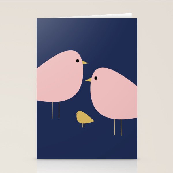 Bird Family in Pink, Navy Blue, and Mustard -  Minimalist Scandinavian Mid-Century Modern Design Stationery Card Gallery Image 2