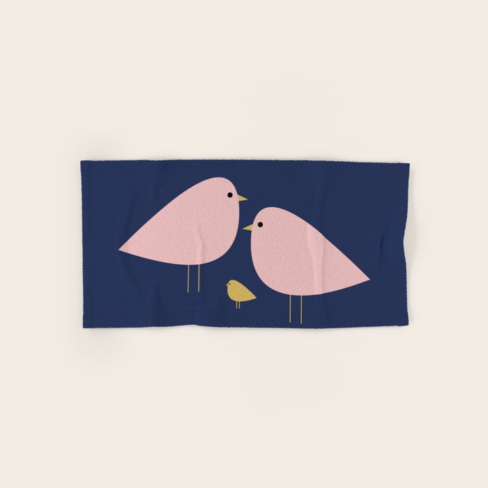 Bird Family in Pink, Navy Blue, and Mustard -  Minimalist Scandinavian Mid-Century Modern Design Bath Towel Gallery Image 1