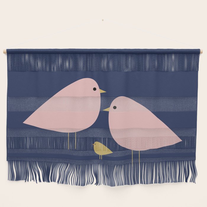 Bird Family in Pink, Navy Blue, and Mustard -  Minimalist Scandinavian Mid-Century Modern Design Wall Hanging Gallery Image 1